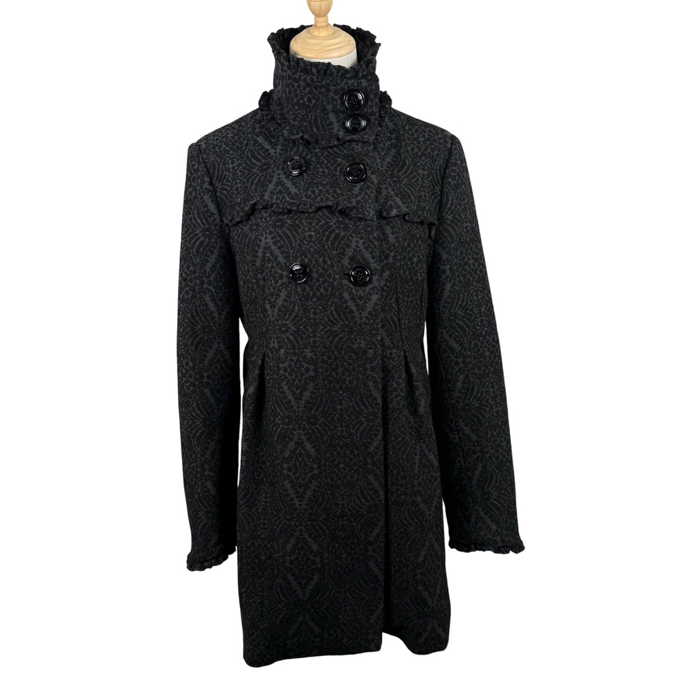 Steve Madden Womens L Pea Coat Grey Black Damask Ruffle Funnel Neck Wool Blend